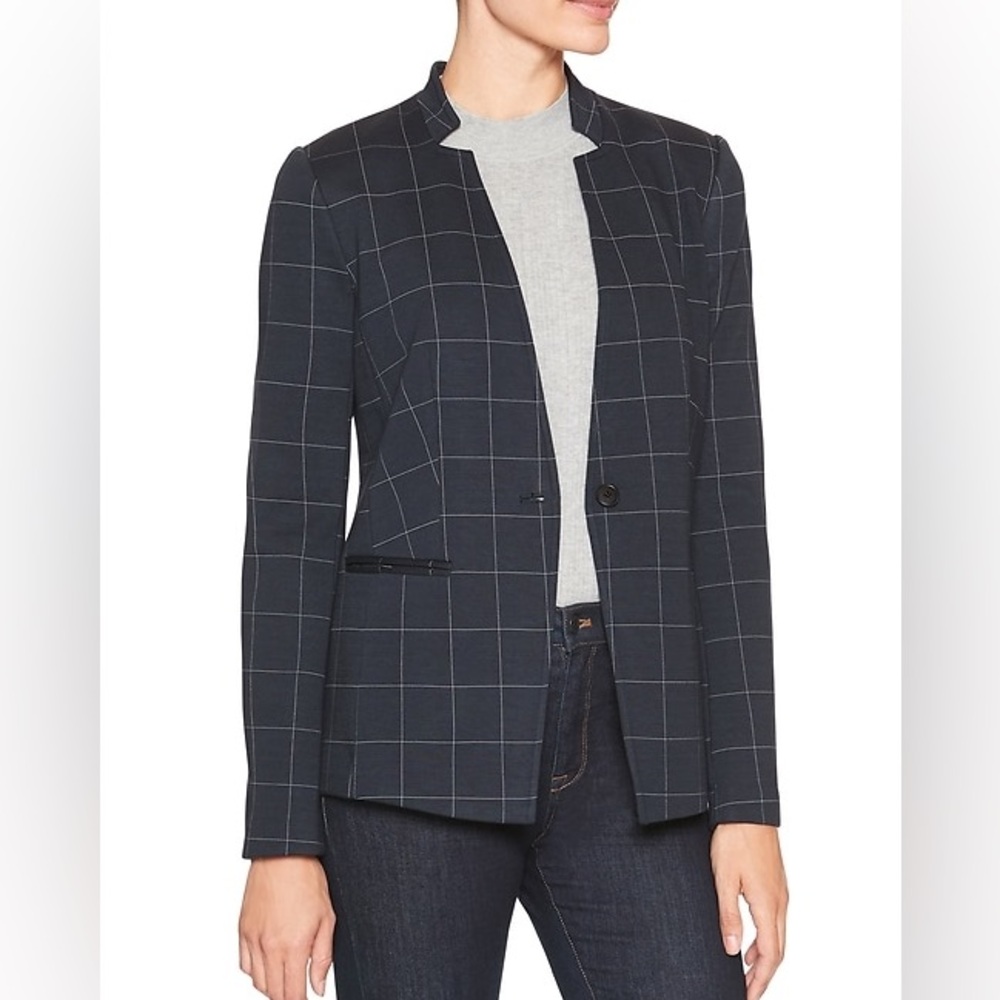 Banana Republic Women's 8 Windowpane Check Blazer Jacket Navy White Classic Fit